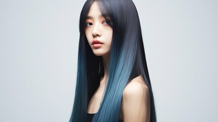 Beautiful woman with blue long hair bust up image on studio background. lgbtq concept