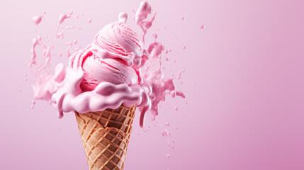 Advertising shot, pink fruit ice cream with splashes in a cone isolated on light pink background