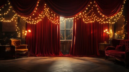 Burlesque Cabaret  Red Velvet Curtains with Bright Yellow Lights
