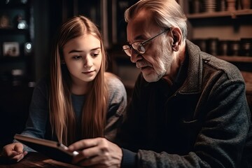 Family Bonding Through Technology: Adult Daughter Visiting Her Senior Father at Home, Sharing Quality Time and Using a Tablet Together