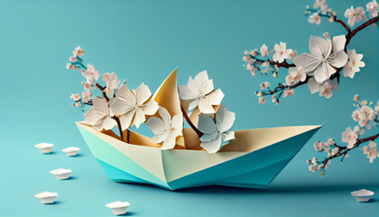 Cute close up origami paper boat on bright blue background. Springtime concept with cherry blossom branch. Horizontal spring banner Ai generated image