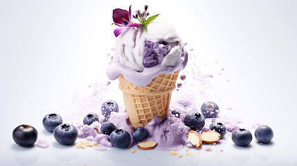 Advertising shot, purple ice cream with berries and nuts in a cone on a light background