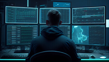 Cyber criminal hacking system at monitors hacker hands at work internet crime concept hacker...