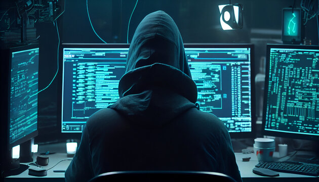 Cyber criminal hacking system at monitors hacker hands at work internet crime concept hacker steals. Ai generated image
