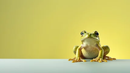 Poster Real green frog with a light white belly sitting on a surface, isolated on a light green background © NK Project