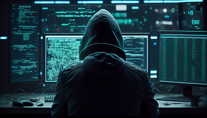 Cyber criminal hacking system at monitors hacker hands at work internet crime concept hacker steals. Ai generated image