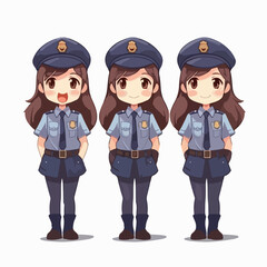Police girl dressed in uniform, vector illustration, young kid, multipose.
