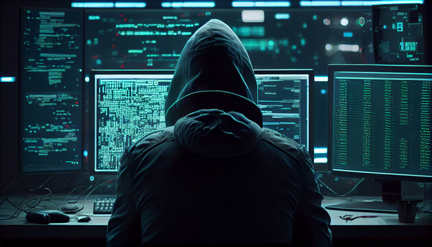 Cyber criminal hacking system at monitors hacker hands at work internet crime concept hacker steals. Ai generated image