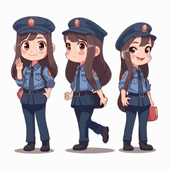 Police kid with officer attire, vector pose, young girl, cartoon style.