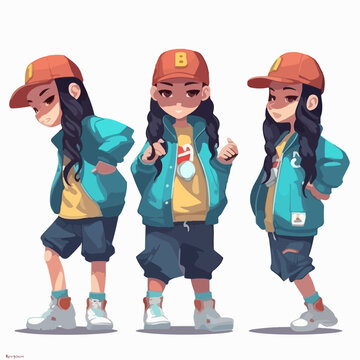 Girl rapper dressed in trendy outfit, vector illustration, young child, cartoon style.