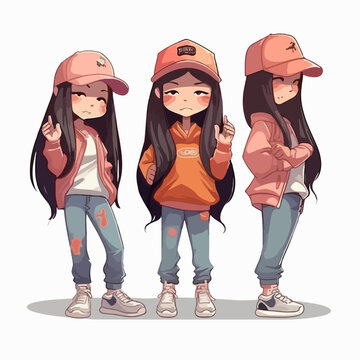 Rapper girl with rapper attire, vector pose, young kid, cartoon style.