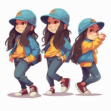 Vector illustration of a young rapper girl, dressed for music, cartoon pose.