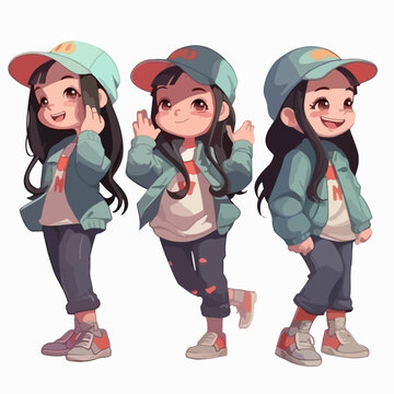 Cartoon girl dressed as a rapper, vector pose, young kid, cartoon style.