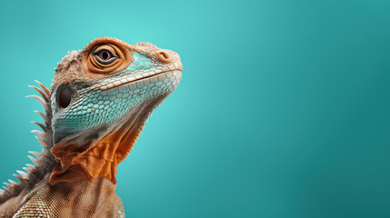 Advertising portrait, banner, colorful with red tone lizard looking up , isolated on blue background