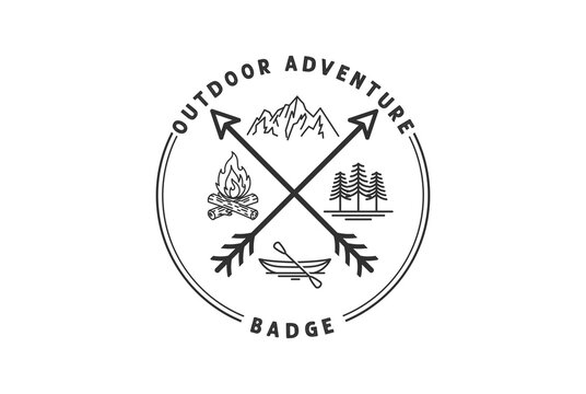 Vintage Retro Crossed Arrowhead with Mountain Bonfire Boat and Forest for Hunting Outdoor Adventure Badge Emblem