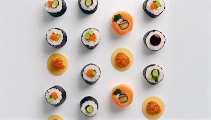 Fotobehang Delicious set of sushi rolls with copy space flat lay, top view japanese sea food on white background Ai generated image © TrendyImages