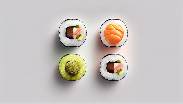 Delicious set of sushi rolls with copy space flat lay, top view japanese sea food on white background Ai generated image