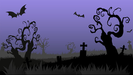 Cemetery with graves and overgrown trees and bats. in Halloween day for content online or web, banner and template , Flat cartoon flat style. illustration Vector EPS 10