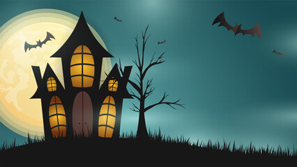 Abandoned castle on Halloween night with big round moon and bats, for content online or web, banner and template , Flat cartoon flat style. illustration Vector EPS 10
