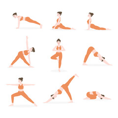 A set of basic yoga poses. A young girl is doing yoga. A collection of yoga poses isolated on a white background. Vector flat illustration.
