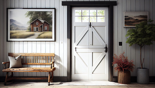 Farmhouse's front door. White wall and wooden bench nearby, Ai generated image