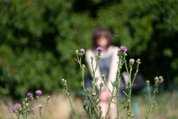 Blooming thorn, behind which the silhouette of a woman is visible in the distance
