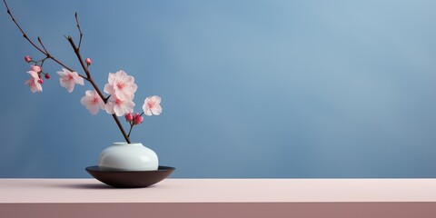 AI Generated. AI Generative. Decorative home decor with flowers vase close to the wall. Beautiful blossom interior home background mockup in minimal style view soft colors