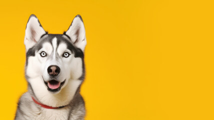 Fototapeta premium Advertising portrait, banner, funny husky with open mouth, straight look to the camera, isolated on yellow background