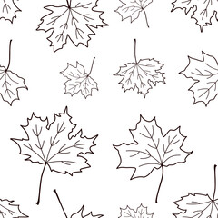 Automn background pattern, vector maple leaves seamless line art pattern, outline drawing sketch print design with fall leaves, coloring book for children