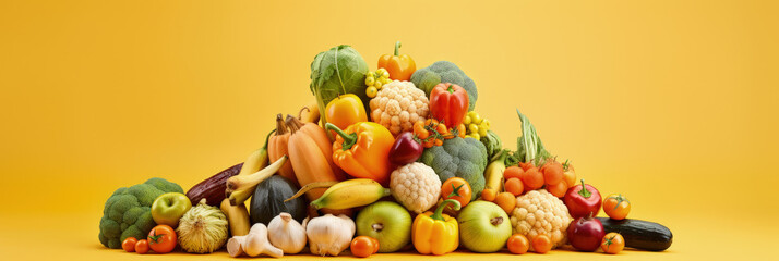 Obraz na płótnie Canvas Many different Vegetables, Decorated Yellow Wallpaper Art for Healthy Living - Generative Ai