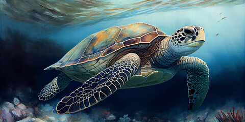 Fototapeta premium Large watercolor painting of a sea turtle Ai generated image