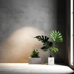 Loft contemporary interior mockup. Empty spacious apartment, room with concrete texture wall with tropical plants. Overlay shadow effect. Place for text. Minimal background. Generative ai.
