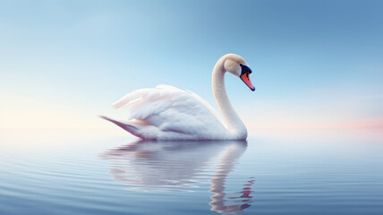Advertising portrait, banner, swimming beautiful white swan and a reflection, isolated on light blue background