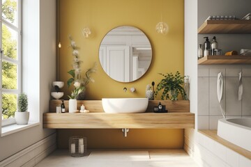Minimalist farmhouse bathroom with wooden fixtures, white and yellow tones, and vintage retro design. Panoramic view with wall mockup. Generative AI