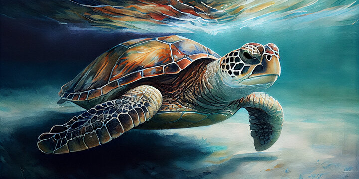 Large watercolor painting of a sea turtle Ai generated image