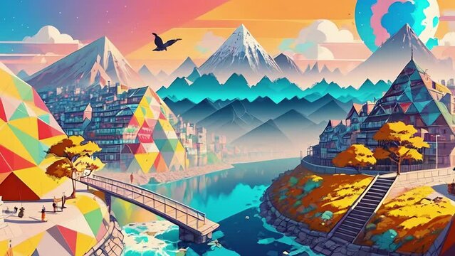Mountains landscape with river in anime style. High mountains, azure rive in deep valley, trees and blue sky. Bright animation with illustrations transformations and metamorphose. AI generated video