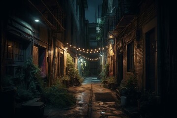 A dark city alley illuminated by streetlights at night. Generative AI