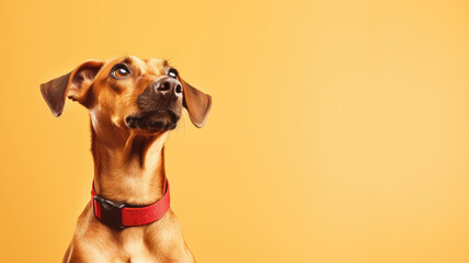 Advertising portrait, banner, redhead dog with red collar with concentraited look, isolated on yellow background