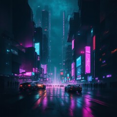 Fototapeta premium A dramatic cityscape at night, with colorful lights and tall buildings reaching for the sky.