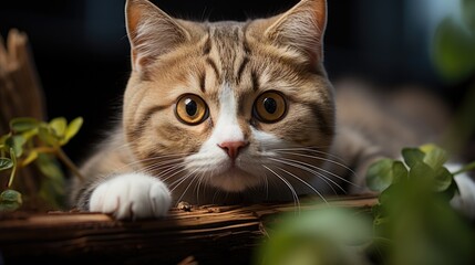 Cat staring with playful whiskers, striped furs. Generative AI