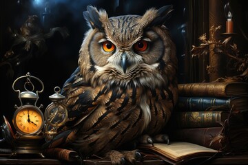 A library full of books is the resting place for an owl, who sits calmly on a table. Generative AI