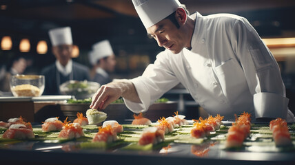 Chef prepares sushi in a fancy restaurant.