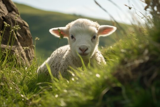 Lamb grazing on green grass meadow. Generative AI