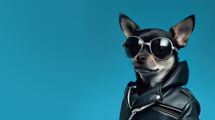 Advertising portrait, banner, cool looking, smiling black chihuahua dog in glasses and a leather jacket isolated on blue background