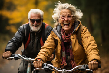 Cheerful active senior couple with bicycle in public park together having fun lifestyle. Perfect activities for elderly people. Happy mature couple riding bikes, bicycles in park. Generative AI - Powered by Adobe