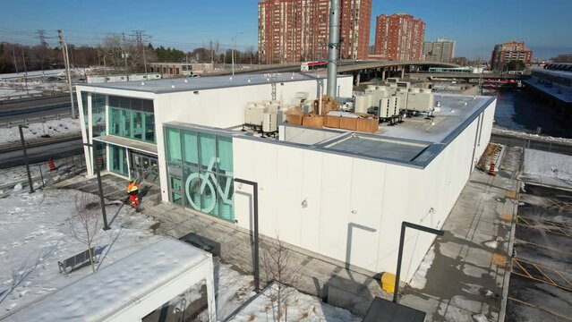 Crosstown LRT new Kennedy station is made of glass, includes modern elevators and escalators, and a state-of-the-art automatic train control system: Toronto, Ontario, Canada - February 6, 2023.