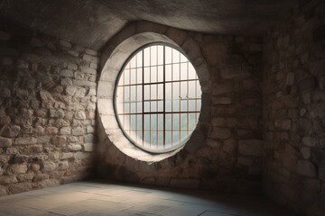 A window with a semicircular arch in an old castle wall. 3D render. Generative AI