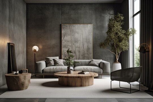 Modern luxury living room with a concrete wall, contemporary design, and a touch of elegance. 3D-rendered and illustrated image. Generative AI