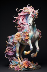 Colorful and magical Unicorn sculptures on dark barckground. 