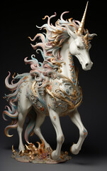 Colorful and magical Unicorn sculptures on dark barckground. 